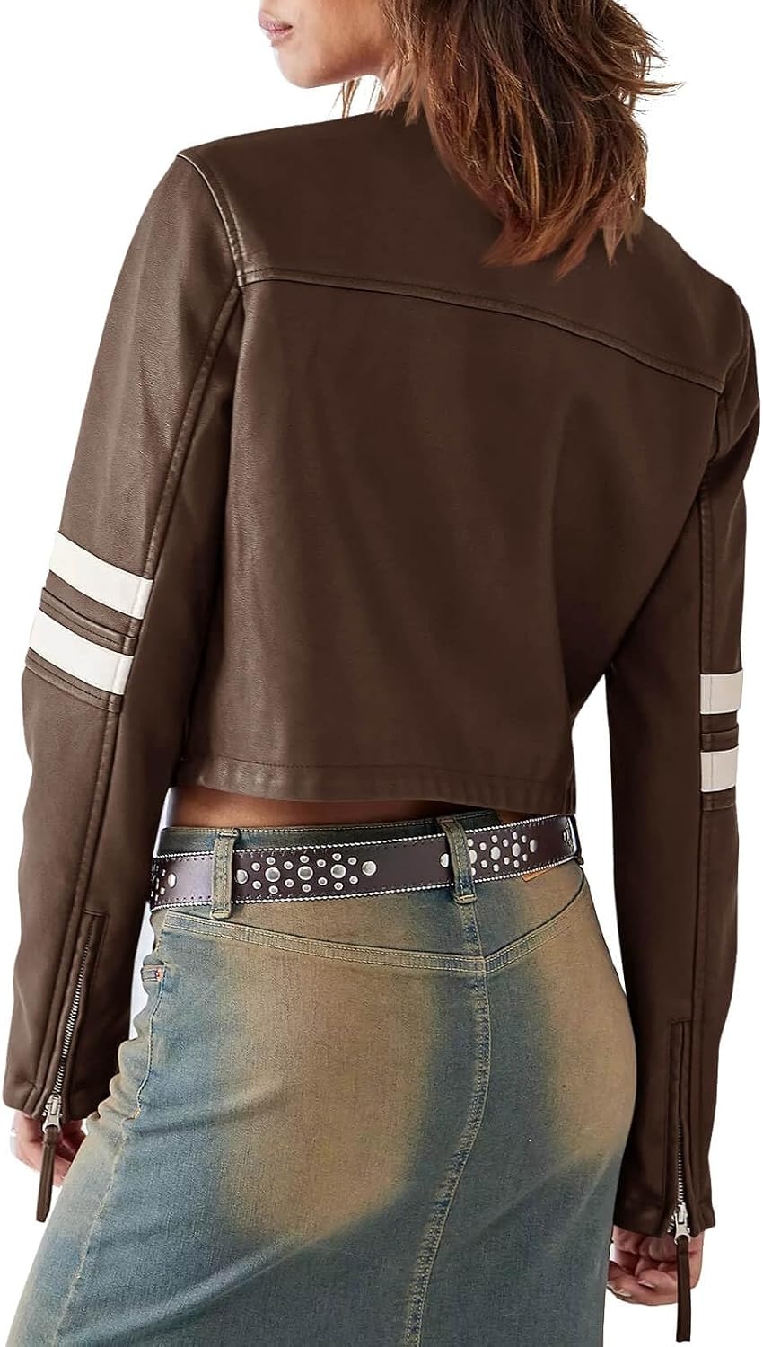 image:imageSaodimallsu Womens Faux Leather Jackets Cropped Racer Moto Biker Coats CropZip UpStand CollarMotocrossRacingMotorcycleCasualBrown