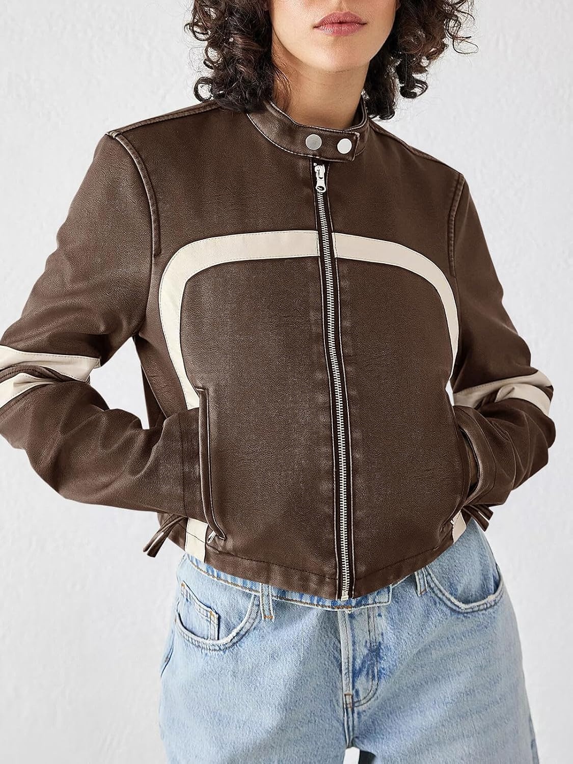 image:imageSaodimallsu Womens Faux Leather Jackets Cropped Racer Moto Biker Coats CropZip UpStand CollarMotocrossRacingMotorcycleCasualBrown