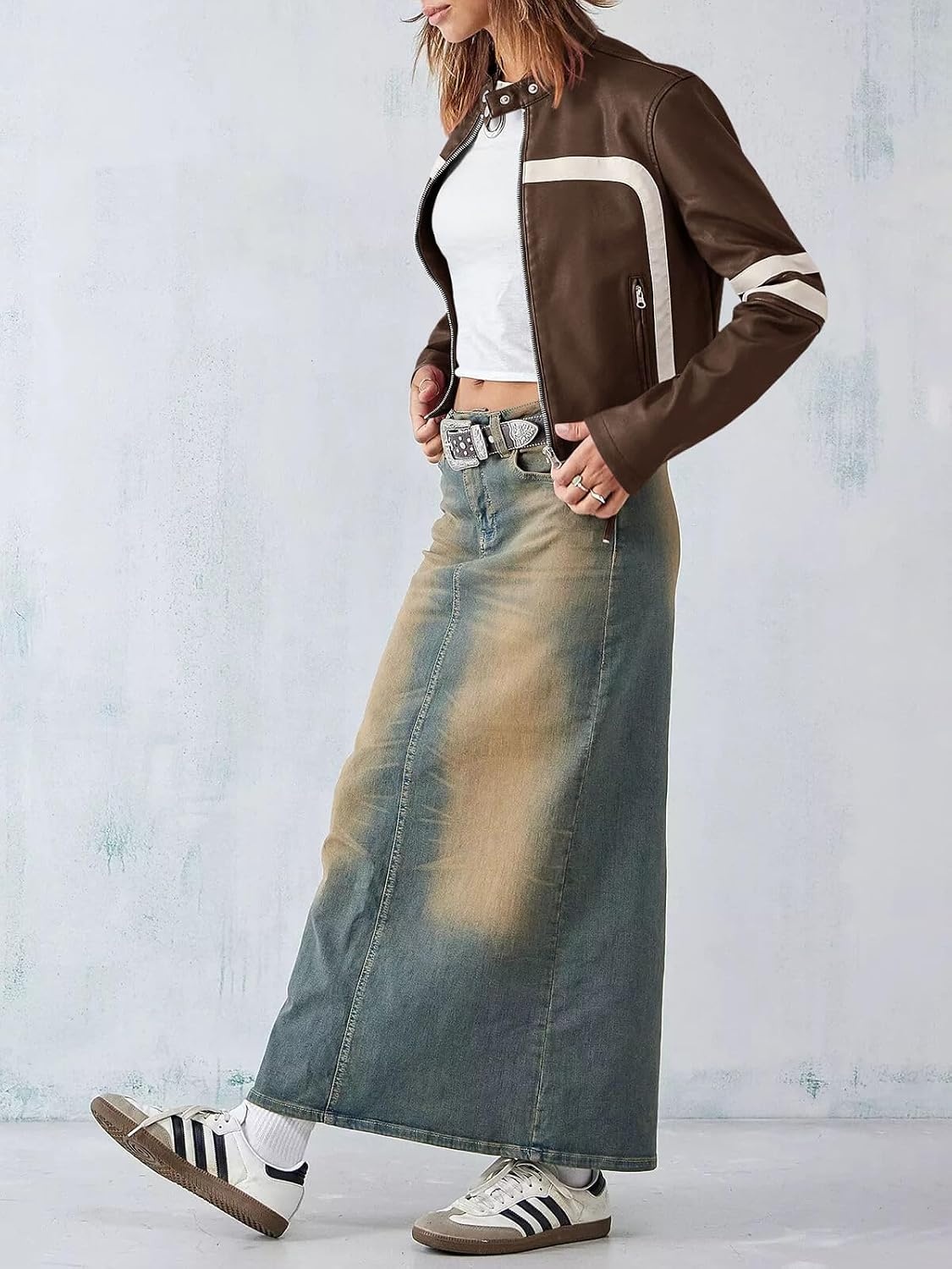 image:imageSaodimallsu Womens Faux Leather Jackets Cropped Racer Moto Biker Coats CropZip UpStand CollarMotocrossRacingMotorcycleCasualBrown