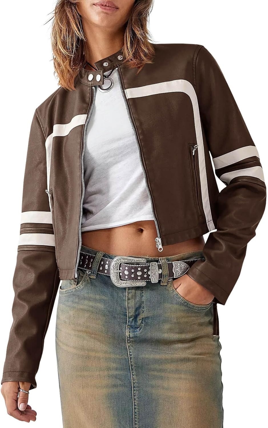 image:imageSaodimallsu Womens Faux Leather Jackets Cropped Racer Moto Biker Coats CropZip UpStand CollarMotocrossRacingMotorcycleCasualBrown