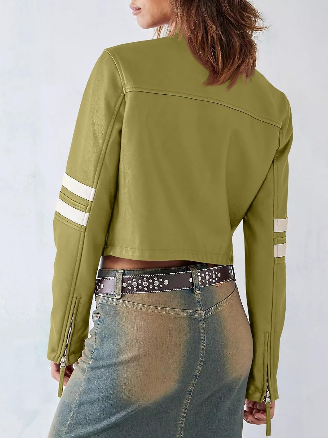image:imageSaodimallsu Womens Faux Leather Jackets Cropped Racer Moto Biker Coats CropZip UpStand CollarMotocrossRacingMotorcycleCasualGreen