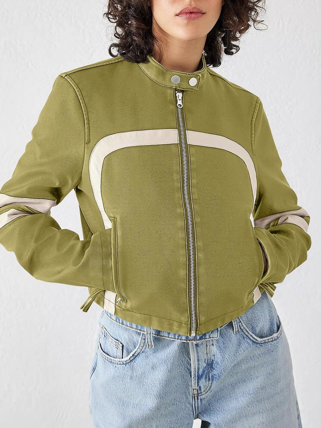 image:imageSaodimallsu Womens Faux Leather Jackets Cropped Racer Moto Biker Coats CropZip UpStand CollarMotocrossRacingMotorcycleCasualGreen