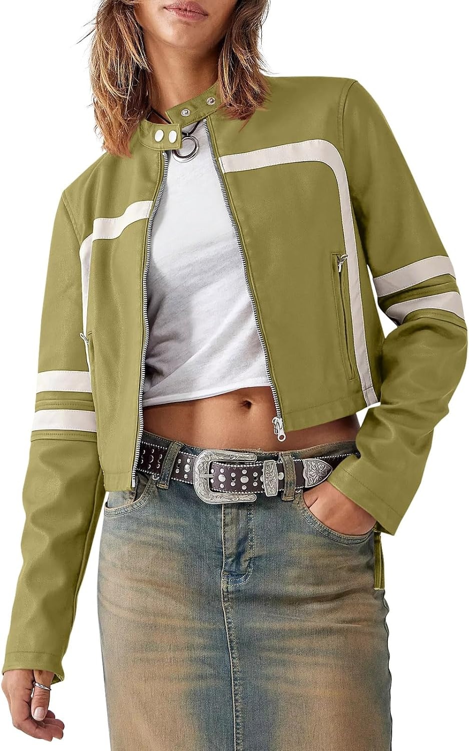 image:imageSaodimallsu Womens Faux Leather Jackets Cropped Racer Moto Biker Coats CropZip UpStand CollarMotocrossRacingMotorcycleCasualGreen