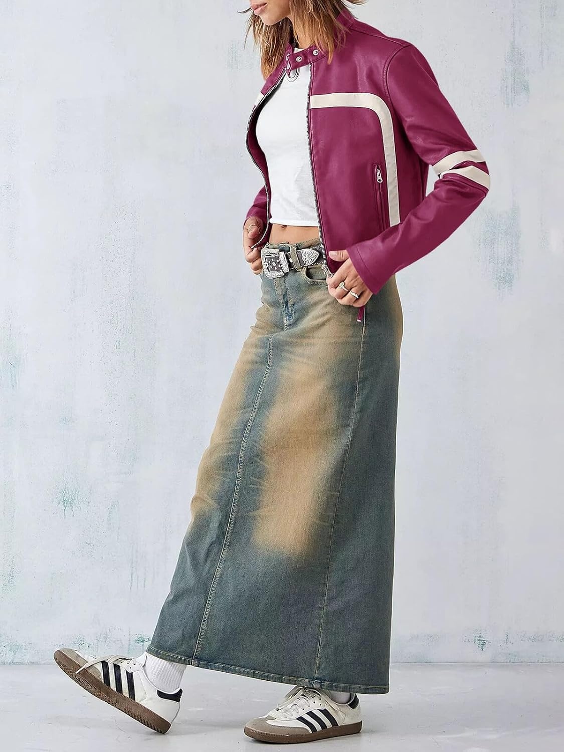 image:imageSaodimallsu Womens Faux Leather Jackets Cropped Racer Moto Biker Coats CropZip UpStand CollarMotocrossRacingMotorcycleCasualPurple
