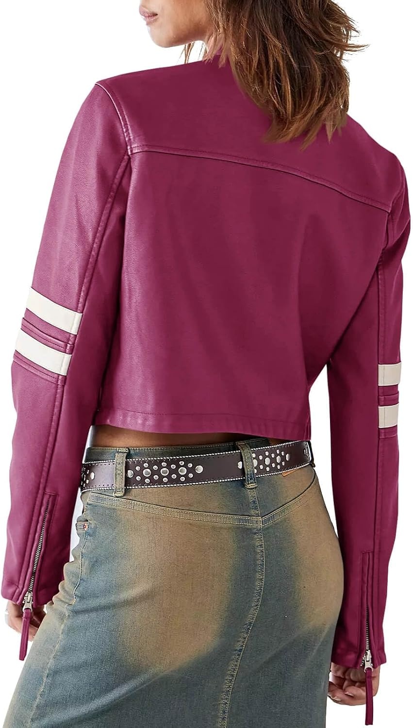 image:imageSaodimallsu Womens Faux Leather Jackets Cropped Racer Moto Biker Coats CropZip UpStand CollarMotocrossRacingMotorcycleCasualPurple