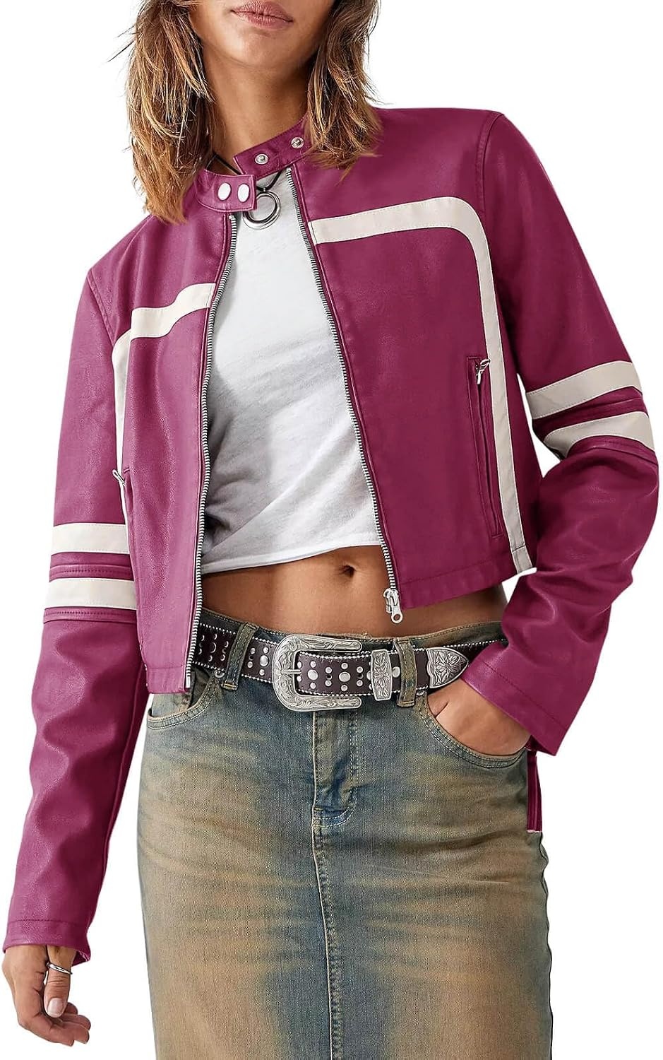 image:imageSaodimallsu Womens Faux Leather Jackets Cropped Racer Moto Biker Coats CropZip UpStand CollarMotocrossRacingMotorcycleCasualPurple