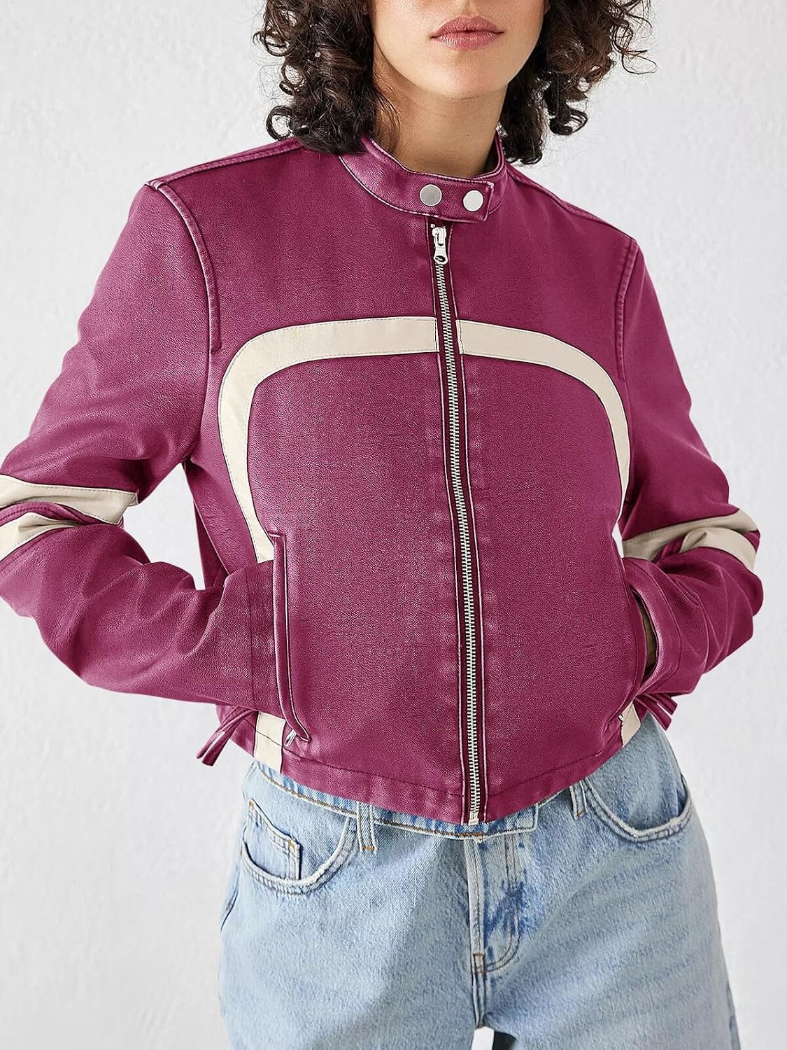 image:imageSaodimallsu Womens Faux Leather Jackets Cropped Racer Moto Biker Coats CropZip UpStand CollarMotocrossRacingMotorcycleCasualPurple