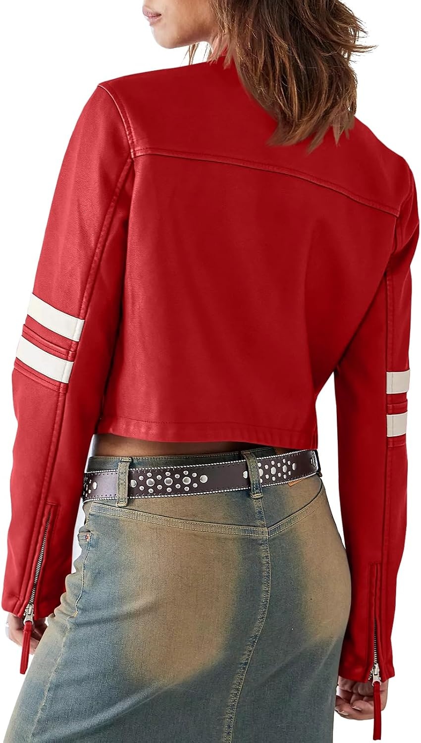image:imageSaodimallsu Womens Faux Leather Jackets Cropped Racer Moto Biker Coats CropZip UpStand CollarMotocrossRacingMotorcycleCasualRed