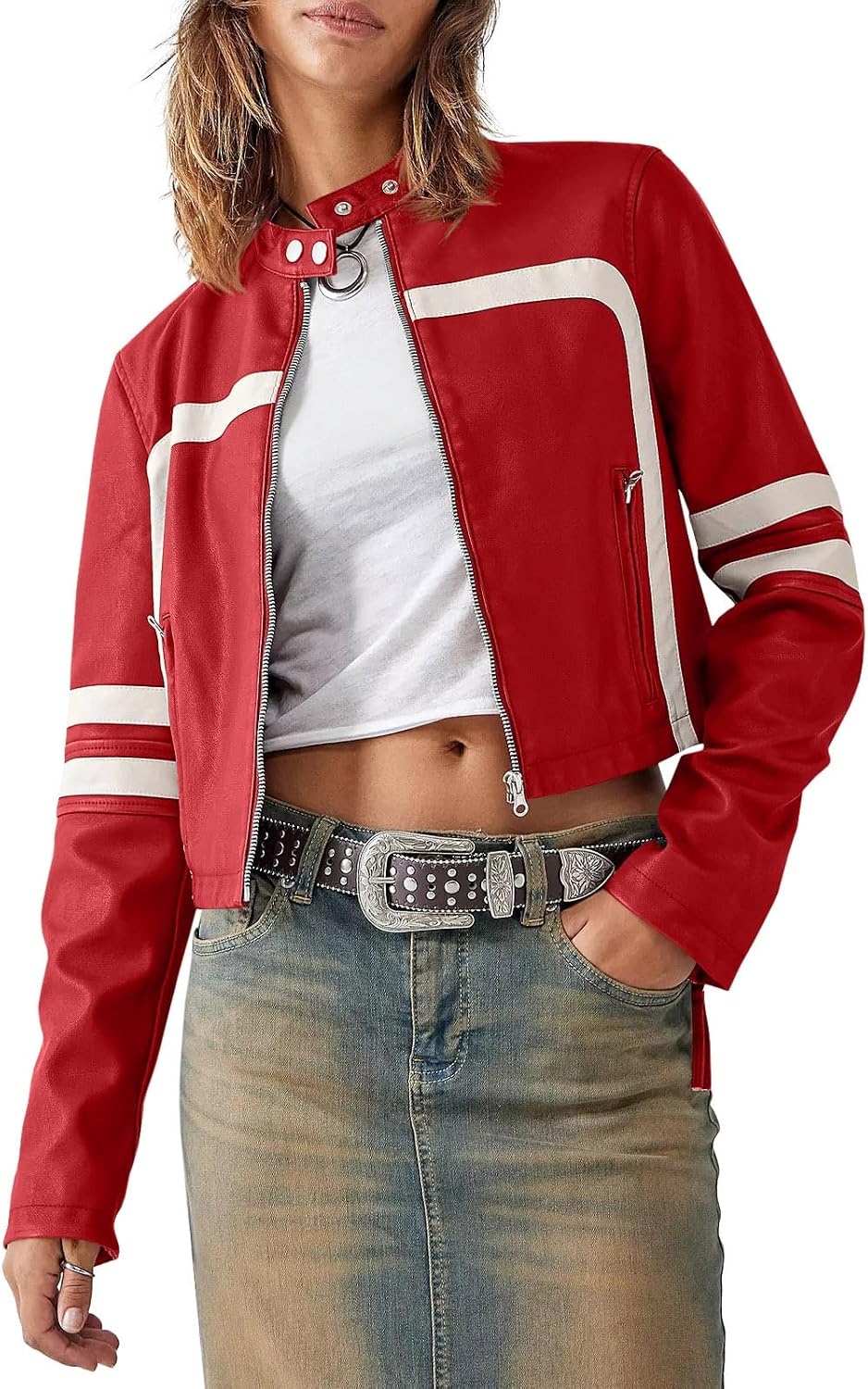 image:imageSaodimallsu Womens Faux Leather Jackets Cropped Racer Moto Biker Coats CropZip UpStand CollarMotocrossRacingMotorcycleCasualRed