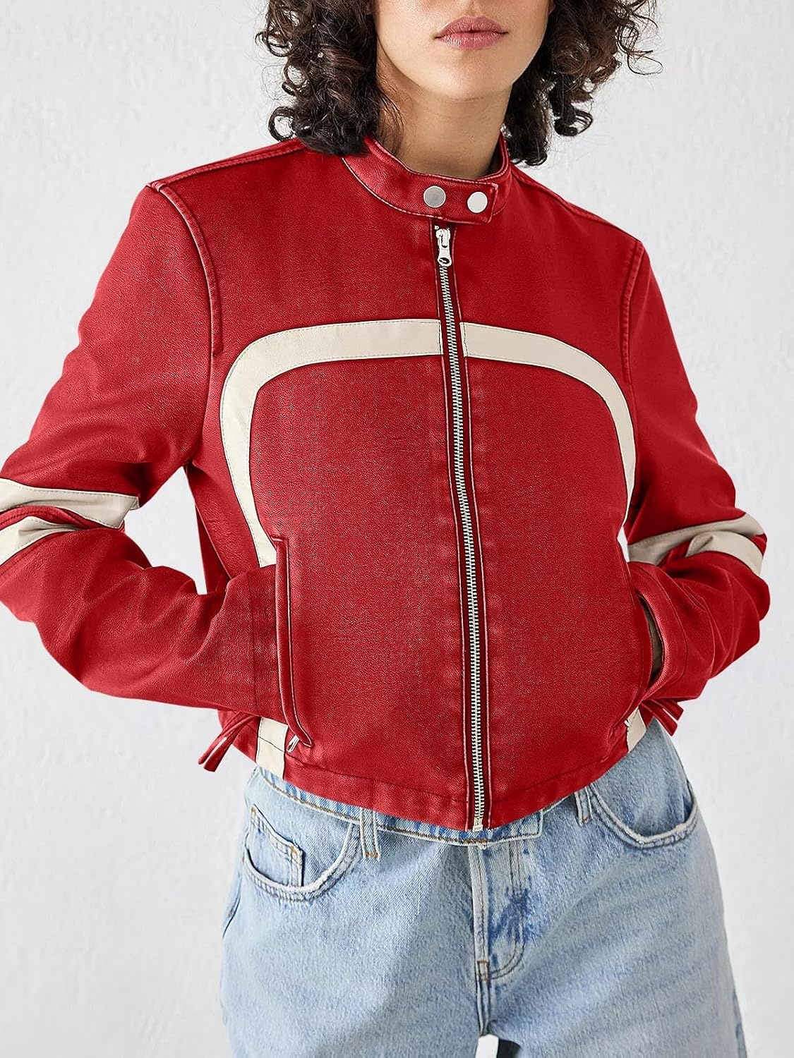 image:imageSaodimallsu Womens Faux Leather Jackets Cropped Racer Moto Biker Coats CropZip UpStand CollarMotocrossRacingMotorcycleCasualRed