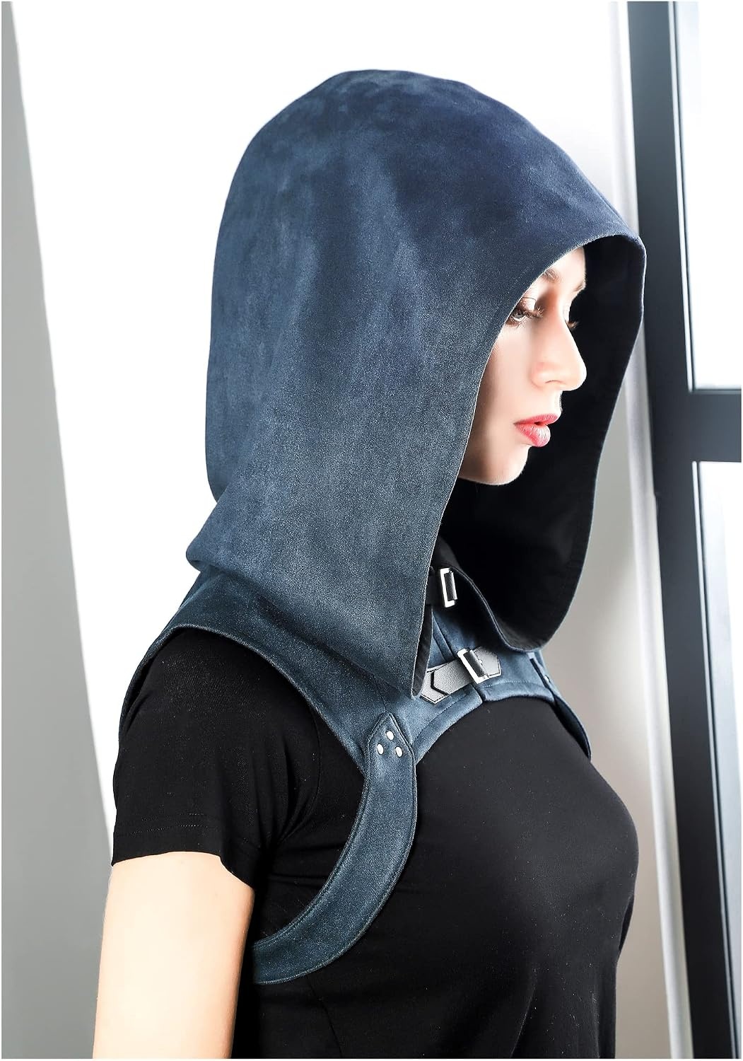 image:imageSteampunk Hooded Cowl Renaissance Gothic Short Cape Medieval Cloak with Buckles Cosplay LARP CostumeBlue