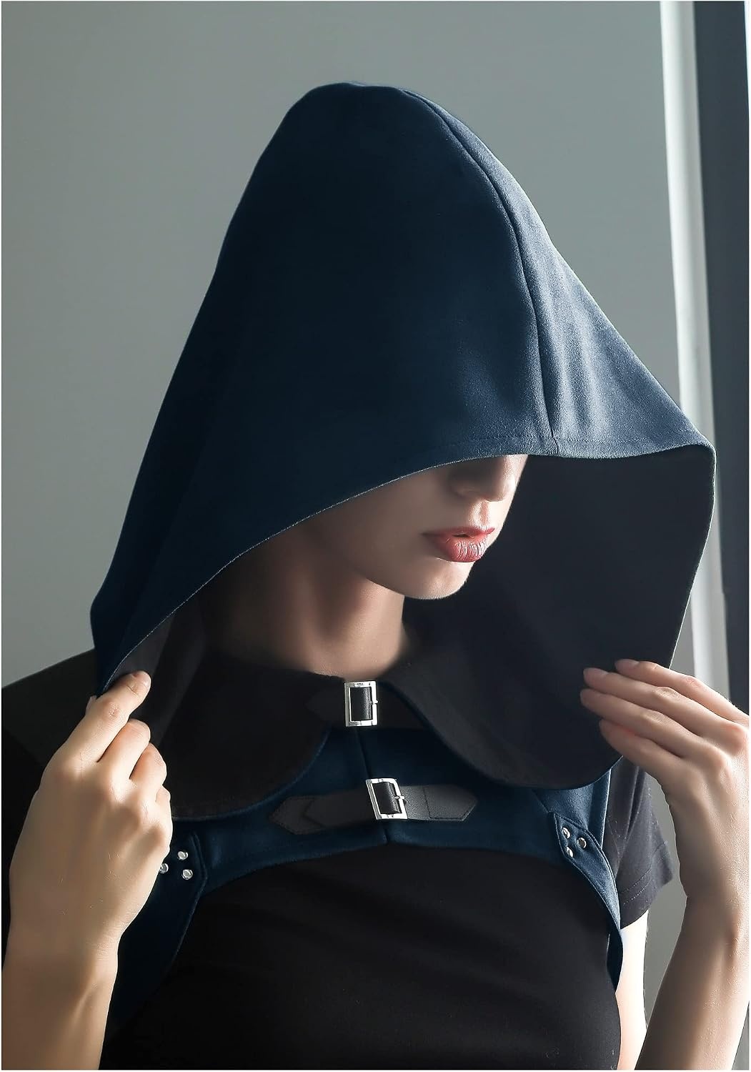 image:imageSteampunk Hooded Cowl Renaissance Gothic Short Cape Medieval Cloak with Buckles Cosplay LARP CostumeBlue