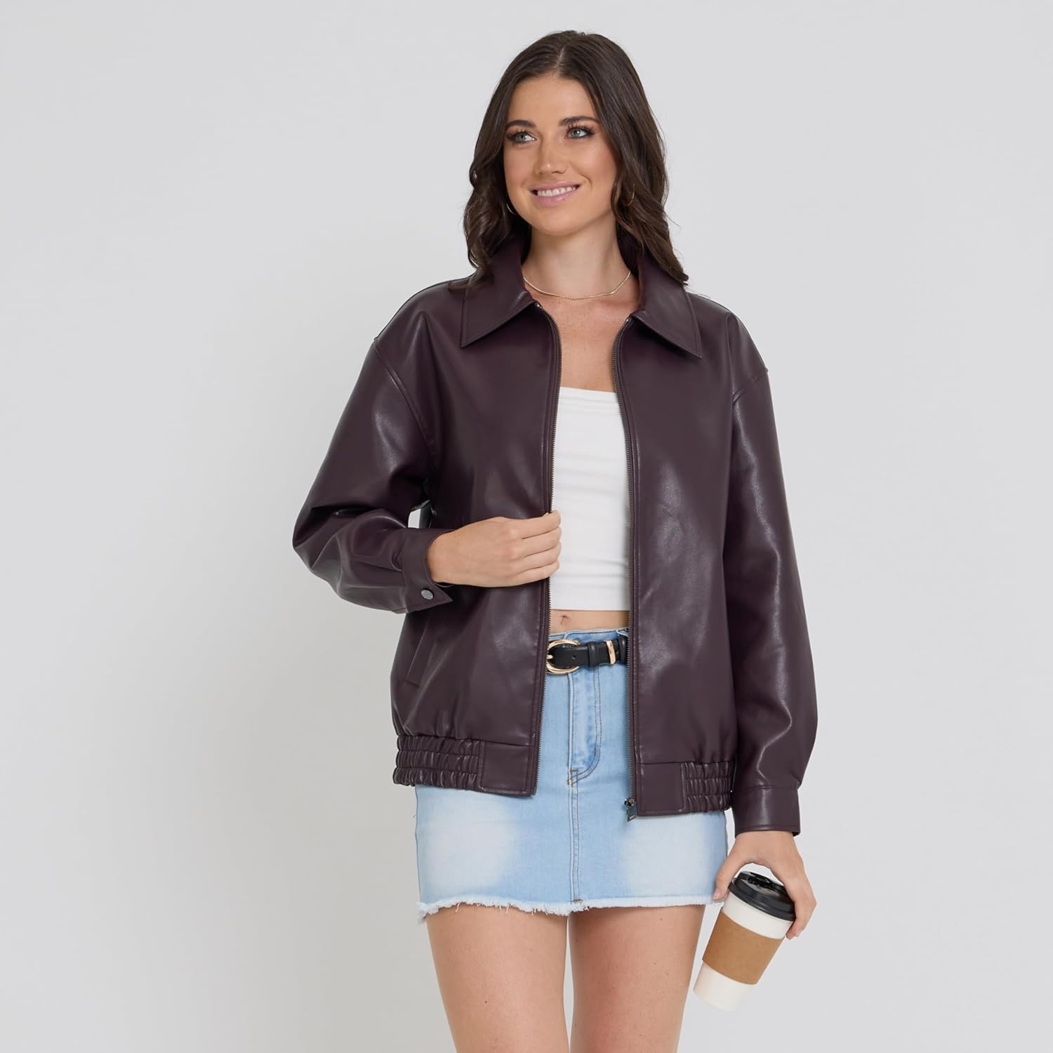 image:imageSteve Madden Leather Jacket Women Faux Leather Bomber Motorcycle JacketBurgundy
