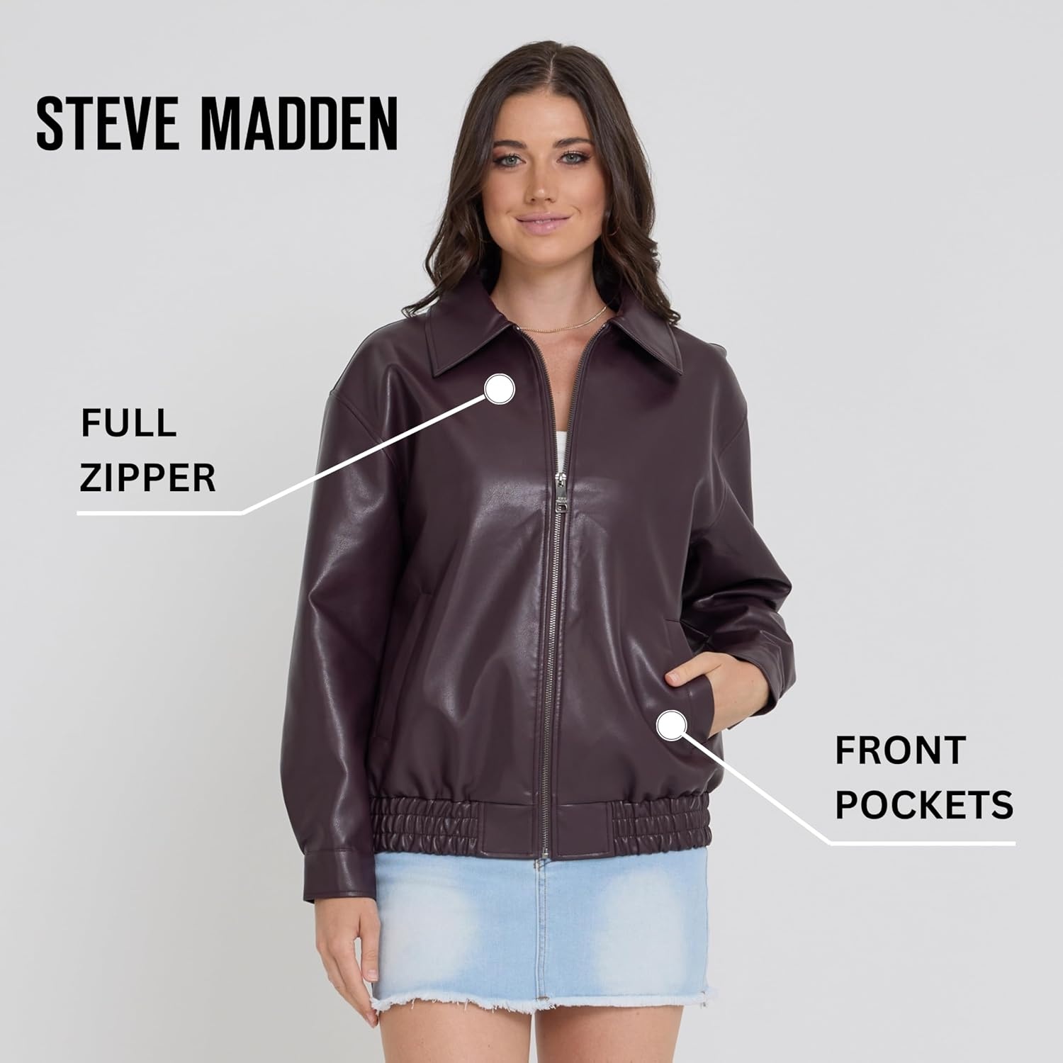 image:imageSteve Madden Leather Jacket Women Faux Leather Bomber Motorcycle JacketBurgundy