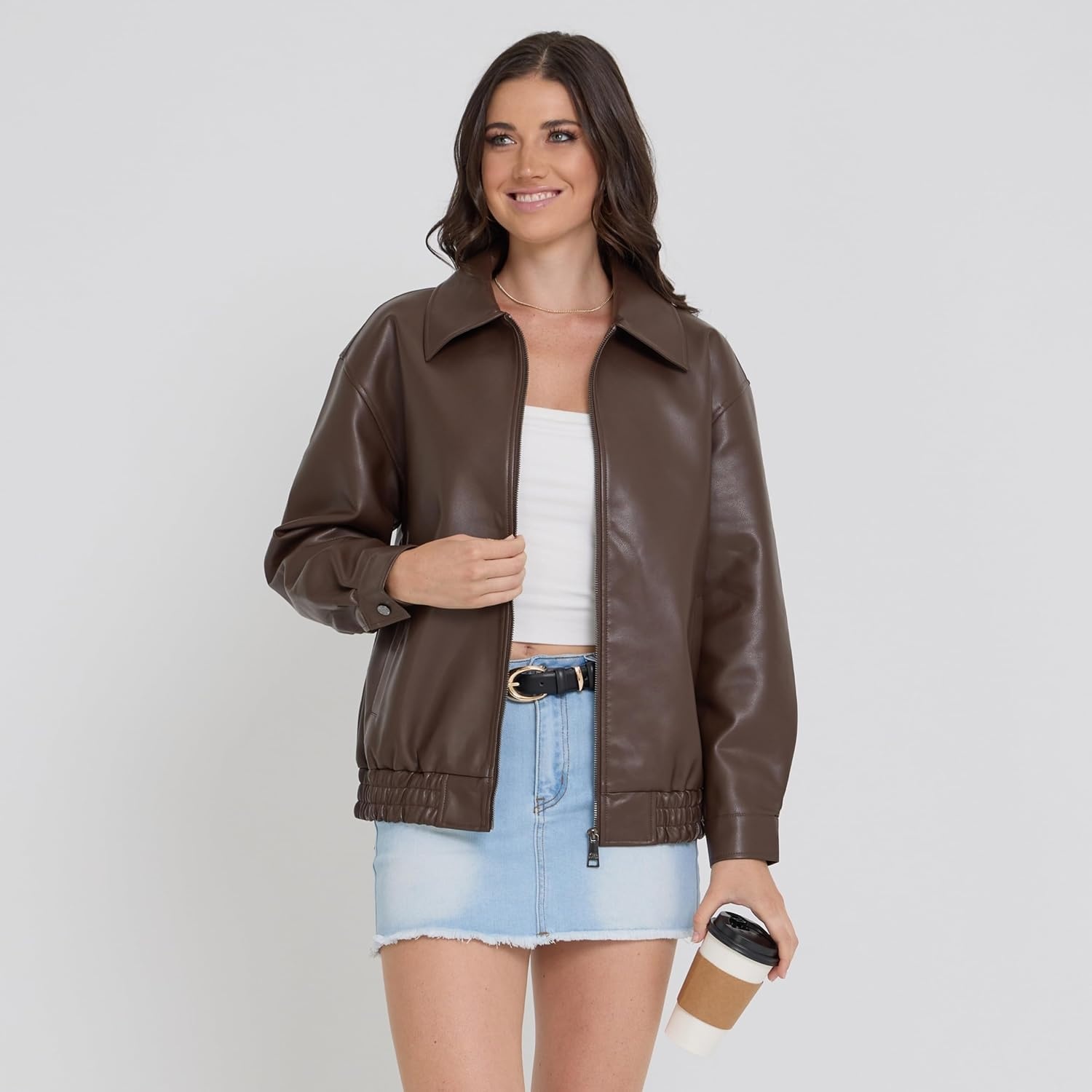 image:imageSteve Madden Leather Jacket Women Faux Leather Bomber Motorcycle JacketEspresso