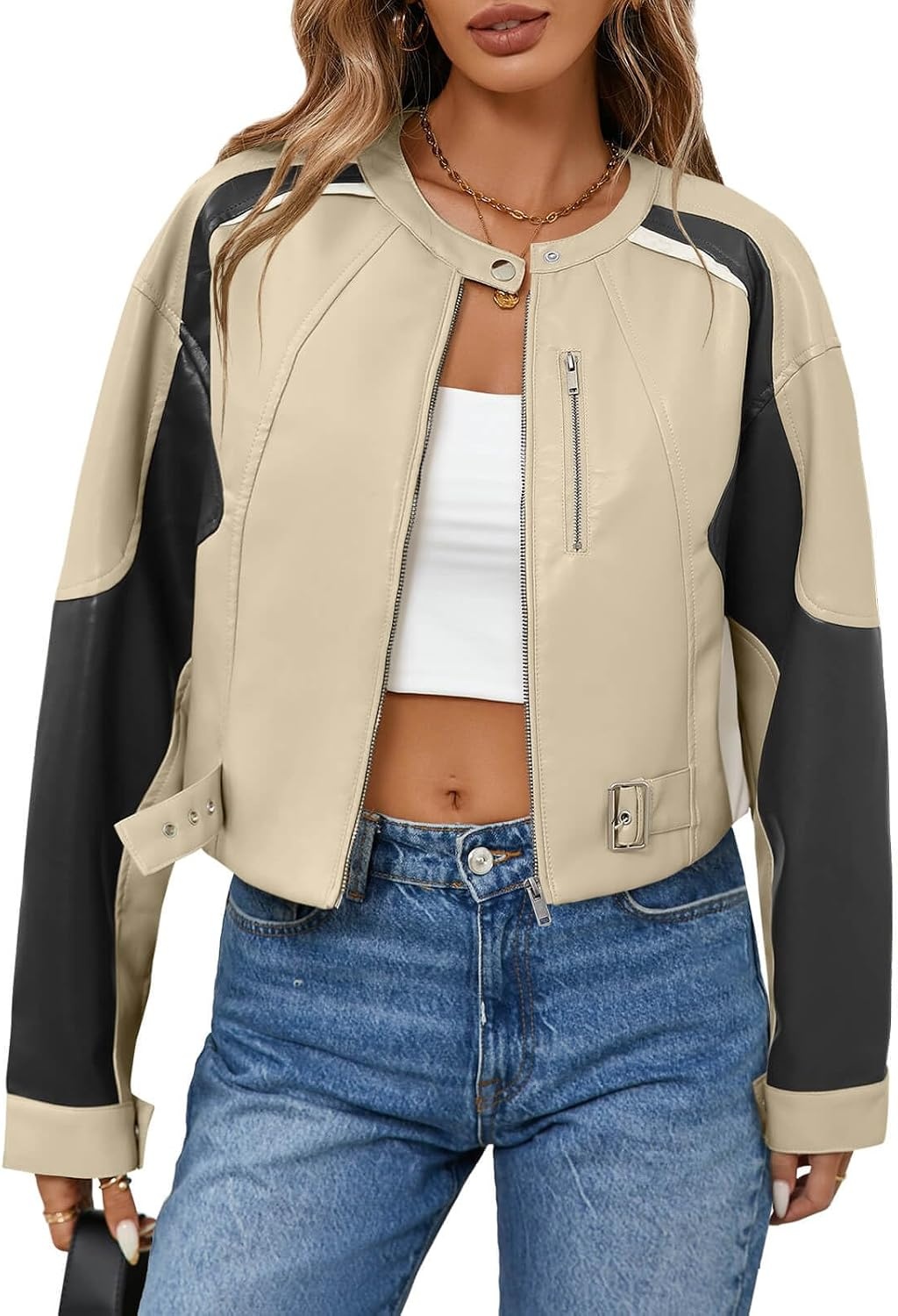 image:imageTankaneo Womens Faux Leather Bomber Jackets Cropped Fall Moto Biker Coats Zip Up Color Block CasualBeige