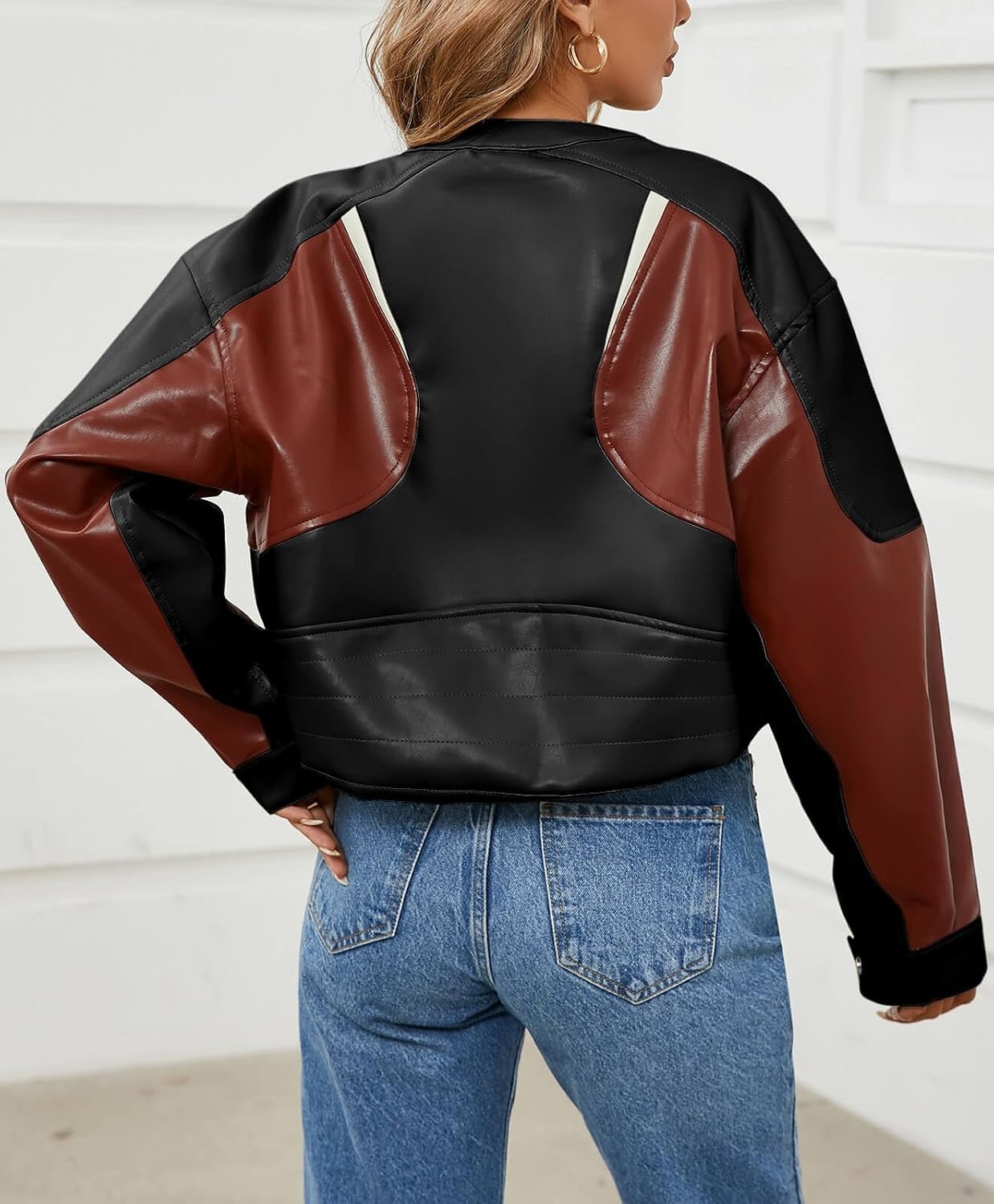 image:imageTankaneo Womens Faux Leather Bomber Jackets Cropped Fall Moto Biker Coats Zip Up Color Block CasualBlack