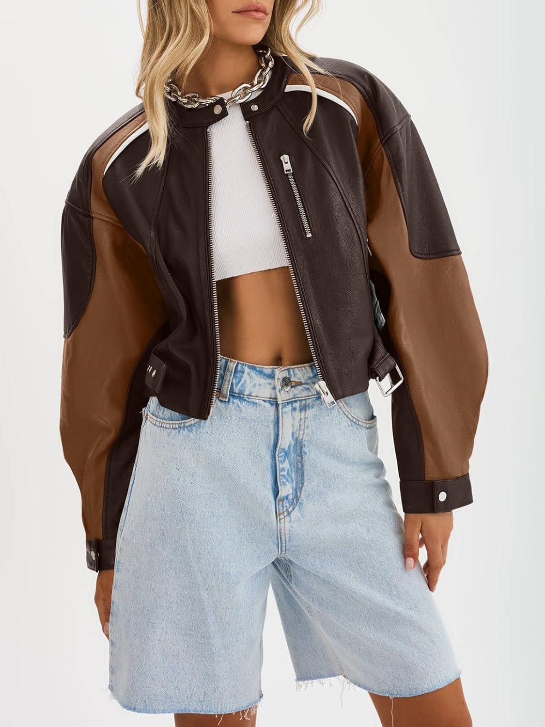 image:imageTankaneo Womens Faux Leather Bomber Jackets Cropped Fall Moto Biker Coats Zip Up Color Block CasualBrown
