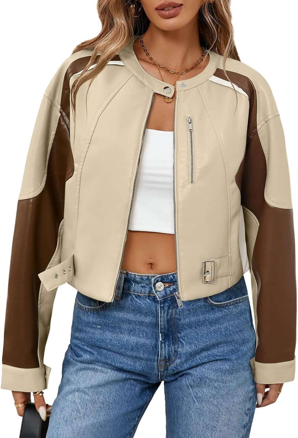 image:imageTankaneo Womens Faux Leather Bomber Jackets Cropped Fall Moto Biker Coats Zip Up Color Block CasualKhaki