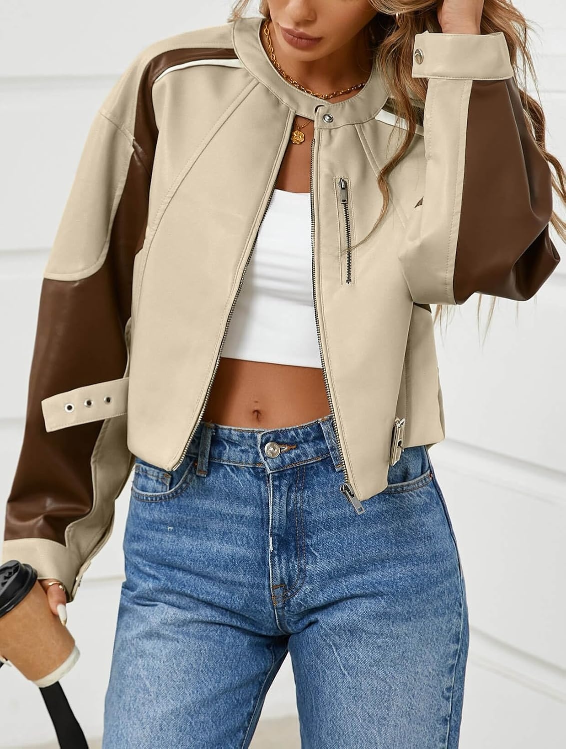 image:imageTankaneo Womens Faux Leather Bomber Jackets Cropped Fall Moto Biker Coats Zip Up Color Block CasualKhaki