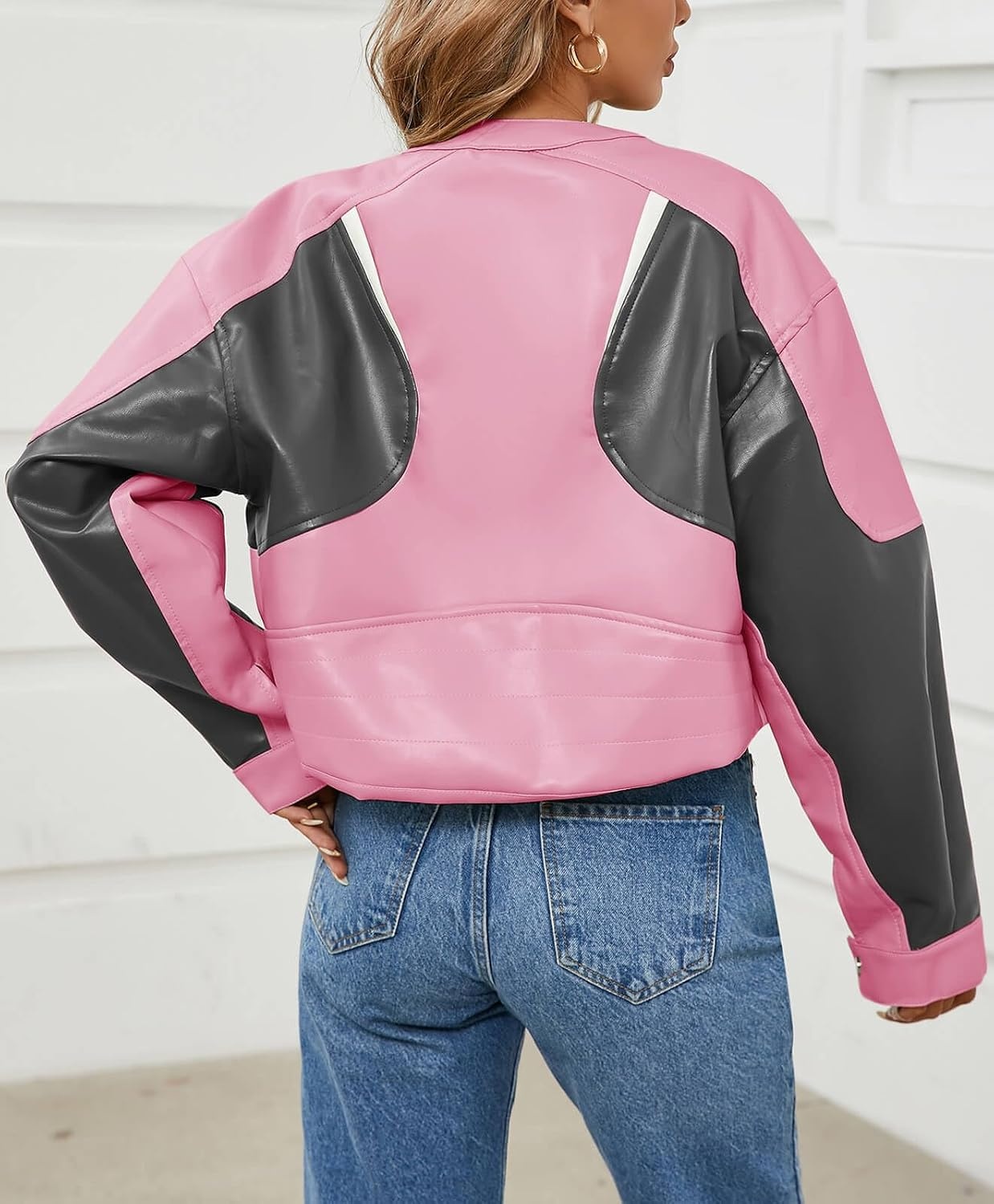 image:imageTankaneo Womens Faux Leather Bomber Jackets Cropped Fall Moto Biker Coats Zip Up Color Block CasualPink Purple