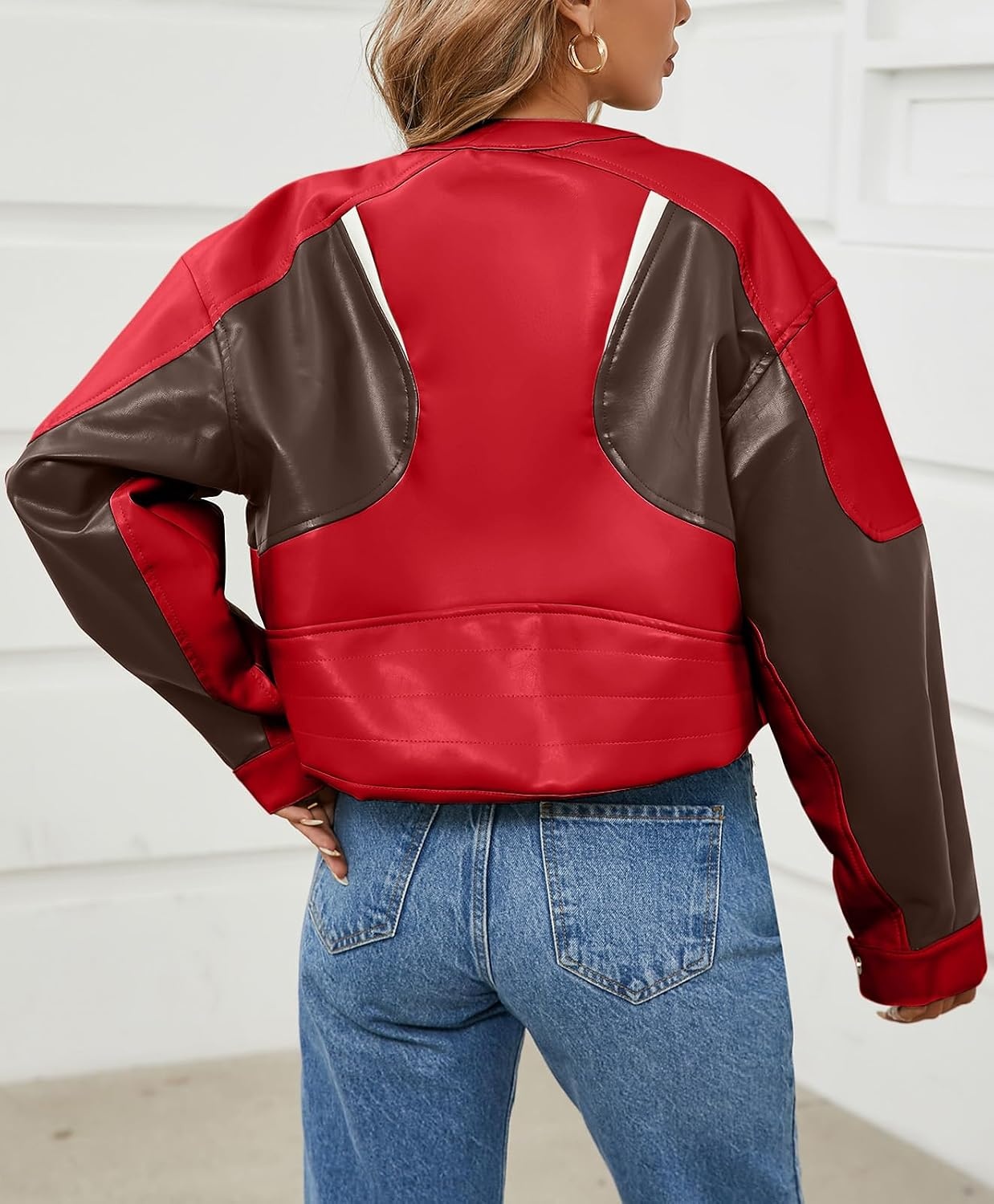 image:imageTankaneo Womens Faux Leather Bomber Jackets Cropped Fall Moto Biker Coats Zip Up Color Block CasualRed
