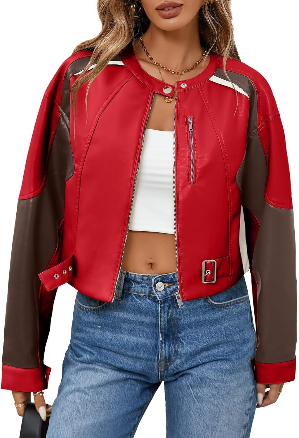 image:imageTankaneo Womens Faux Leather Bomber Jackets Cropped Fall Moto Biker Coats Zip Up Color Block CasualRed