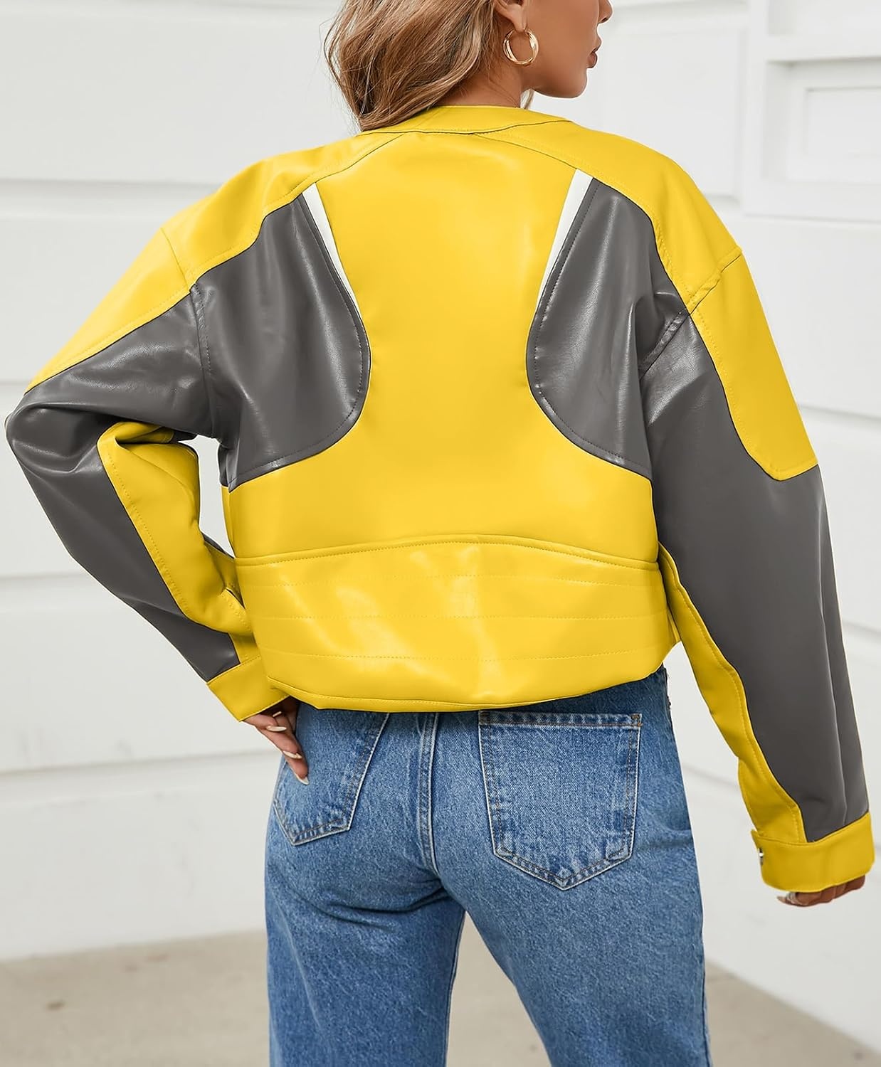 image:imageTankaneo Womens Faux Leather Bomber Jackets Cropped Fall Moto Biker Coats Zip Up Color Block CasualYellow