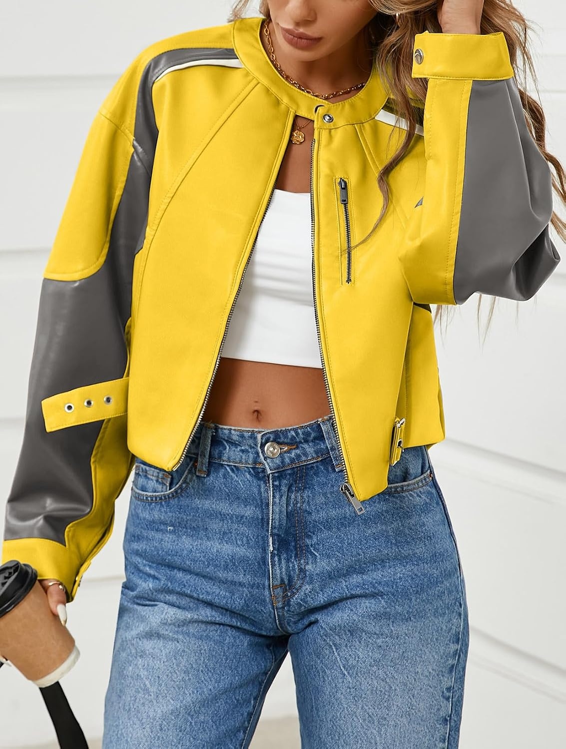 image:imageTankaneo Womens Faux Leather Bomber Jackets Cropped Fall Moto Biker Coats Zip Up Color Block CasualYellow