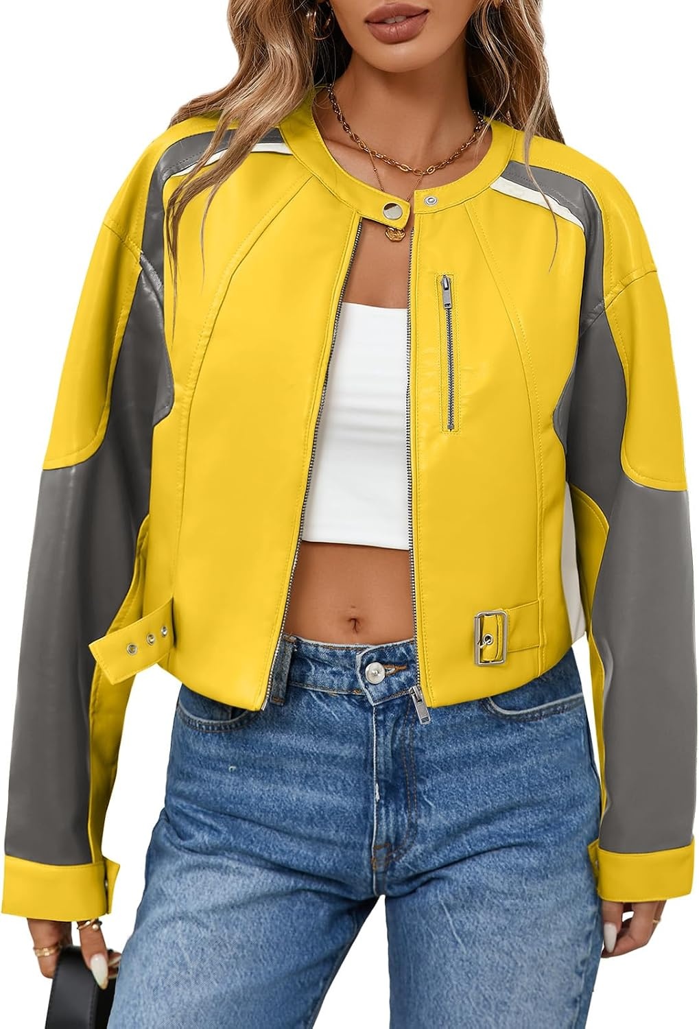 image:imageTankaneo Womens Faux Leather Bomber Jackets Cropped Fall Moto Biker Coats Zip Up Color Block CasualYellow