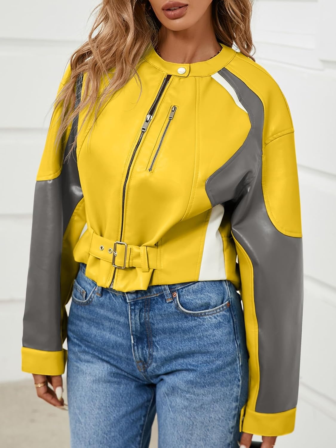 image:imageTankaneo Womens Faux Leather Bomber Jackets Cropped Fall Moto Biker Coats Zip Up Color Block CasualYellow