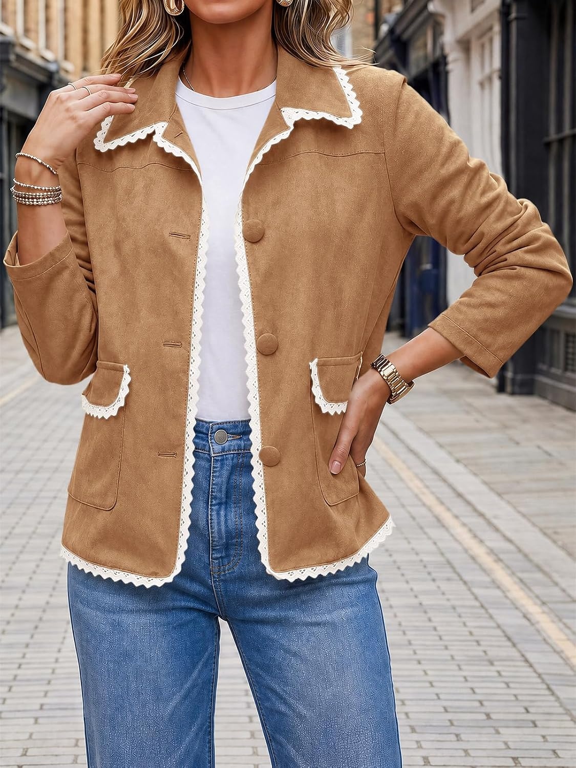 image:imageTankaneo Womens Faux Suede Leather Jackets Trendy Casual Button Down Coats Vintage Fall Spring Lace trim Loose fit PocketsBrown
