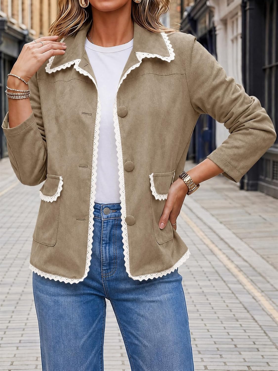 image:imageTankaneo Womens Faux Suede Leather Jackets Trendy Casual Button Down Coats Vintage Fall Spring Lace trim Loose fit PocketsDark Brown