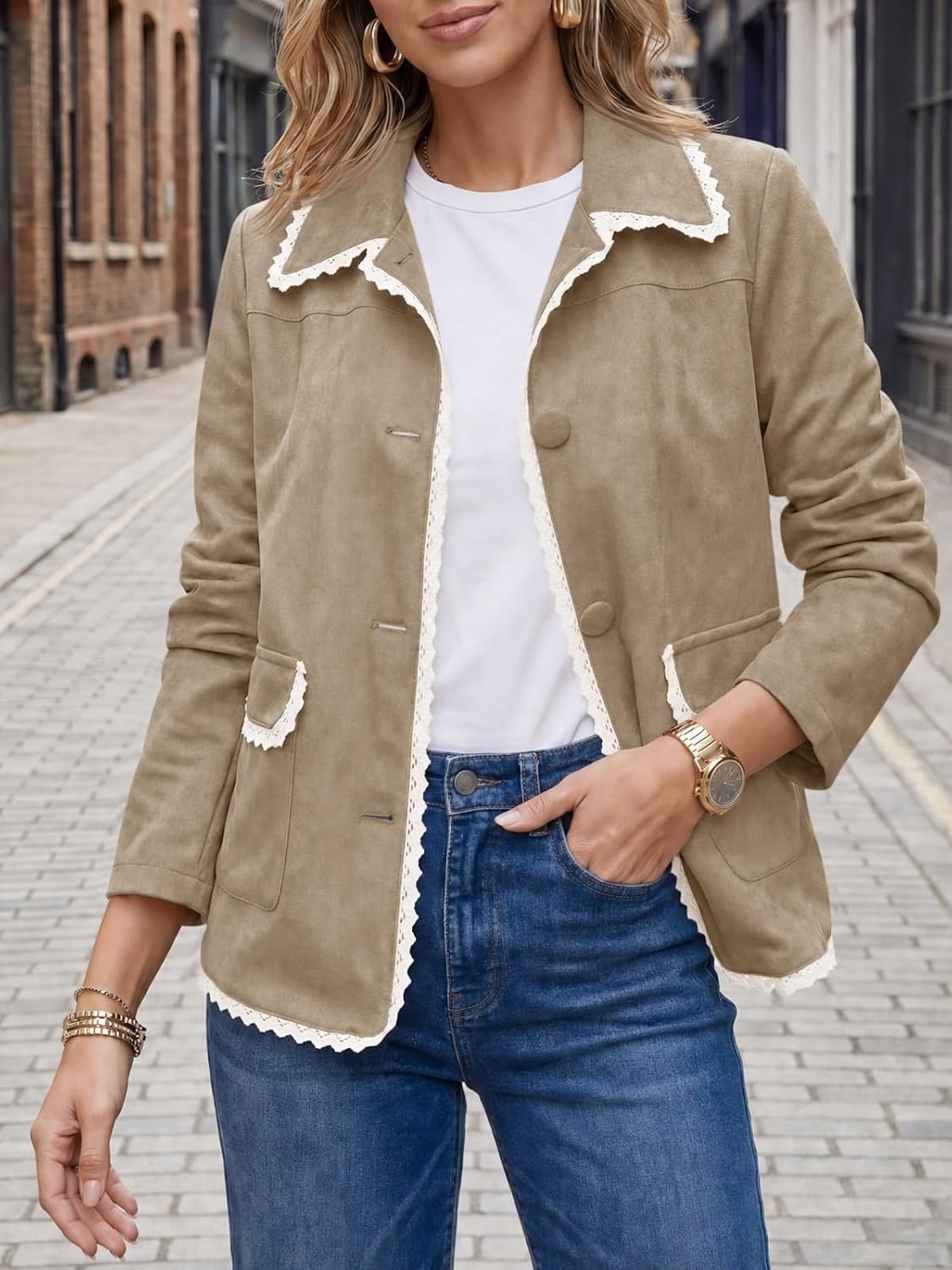image:imageTankaneo Womens Faux Suede Leather Jackets Trendy Casual Button Down Coats Vintage Fall Spring Lace trim Loose fit PocketsDark Brown