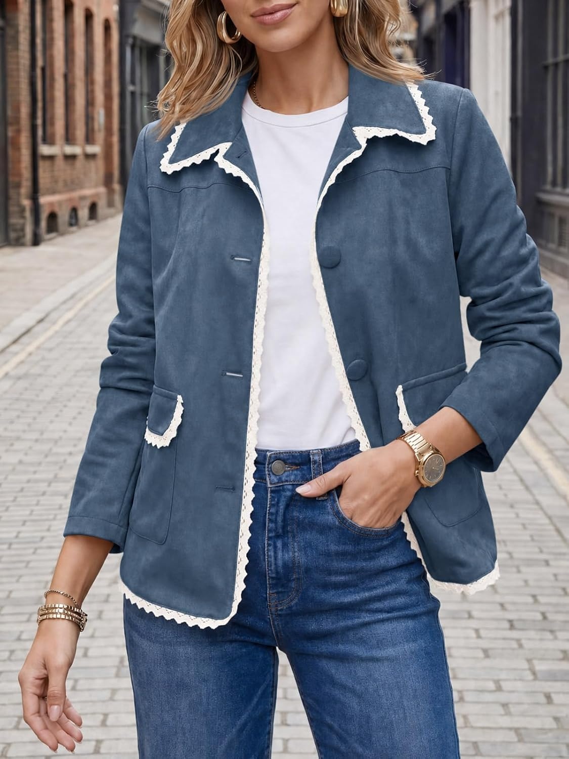 image:imageTankaneo Womens Faux Suede Leather Jackets Trendy Casual Button Down Coats Vintage Fall Spring Lace trim Loose fit PocketsNavy