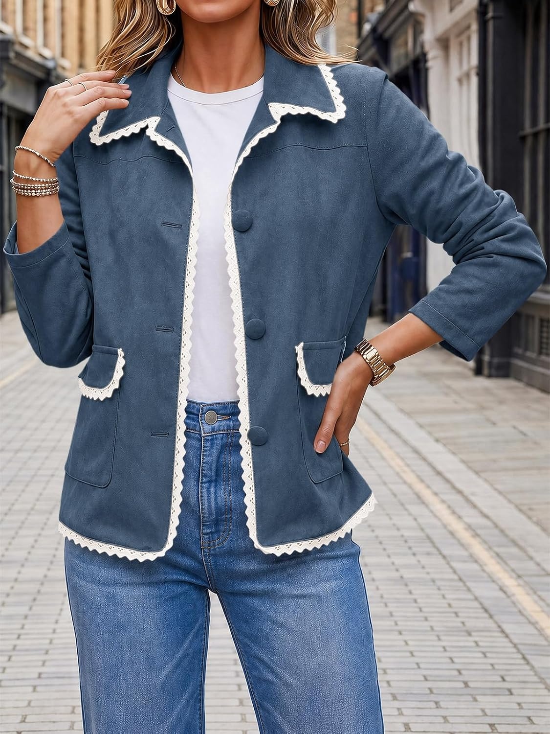 image:imageTankaneo Womens Faux Suede Leather Jackets Trendy Casual Button Down Coats Vintage Fall Spring Lace trim Loose fit PocketsNavy