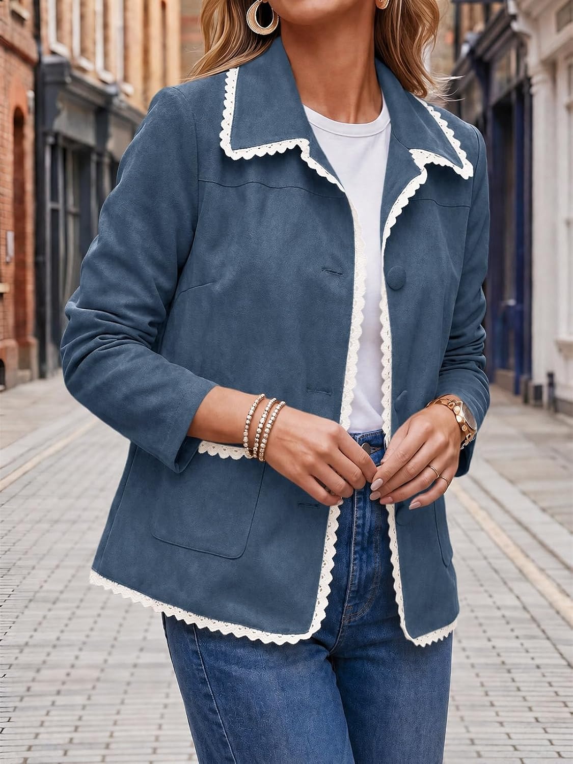 image:imageTankaneo Womens Faux Suede Leather Jackets Trendy Casual Button Down Coats Vintage Fall Spring Lace trim Loose fit PocketsNavy