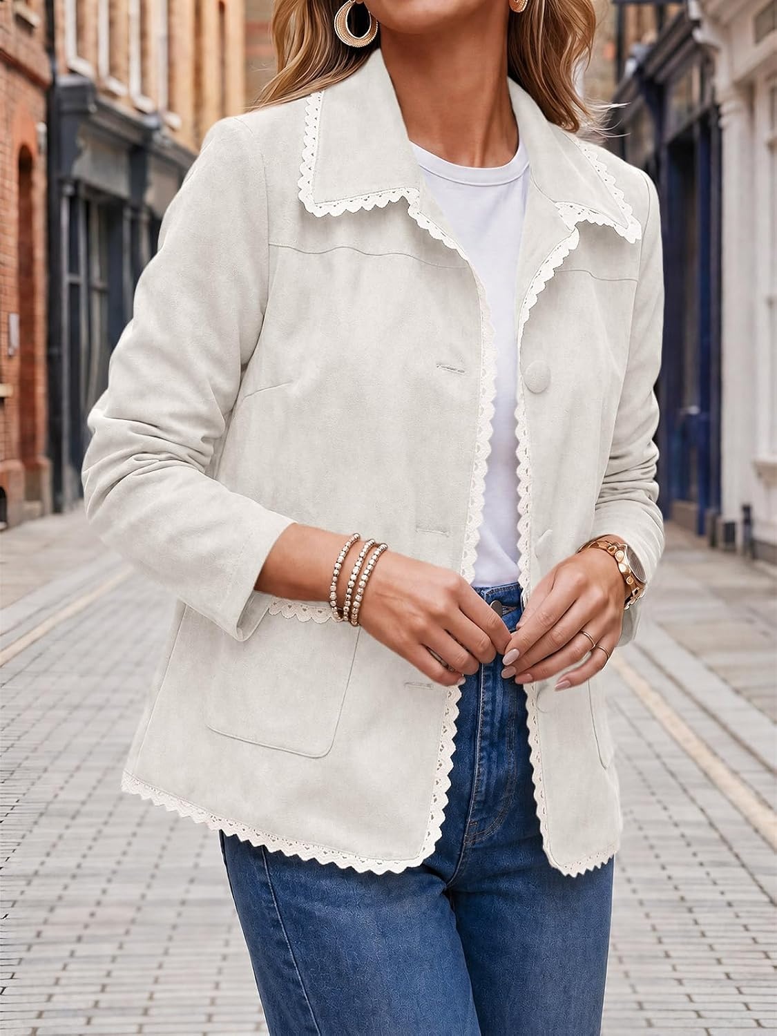 image:imageTankaneo Womens Faux Suede Leather Jackets Trendy Casual Button Down Coats Vintage Fall Spring Lace trim Loose fit PocketsOffwhite