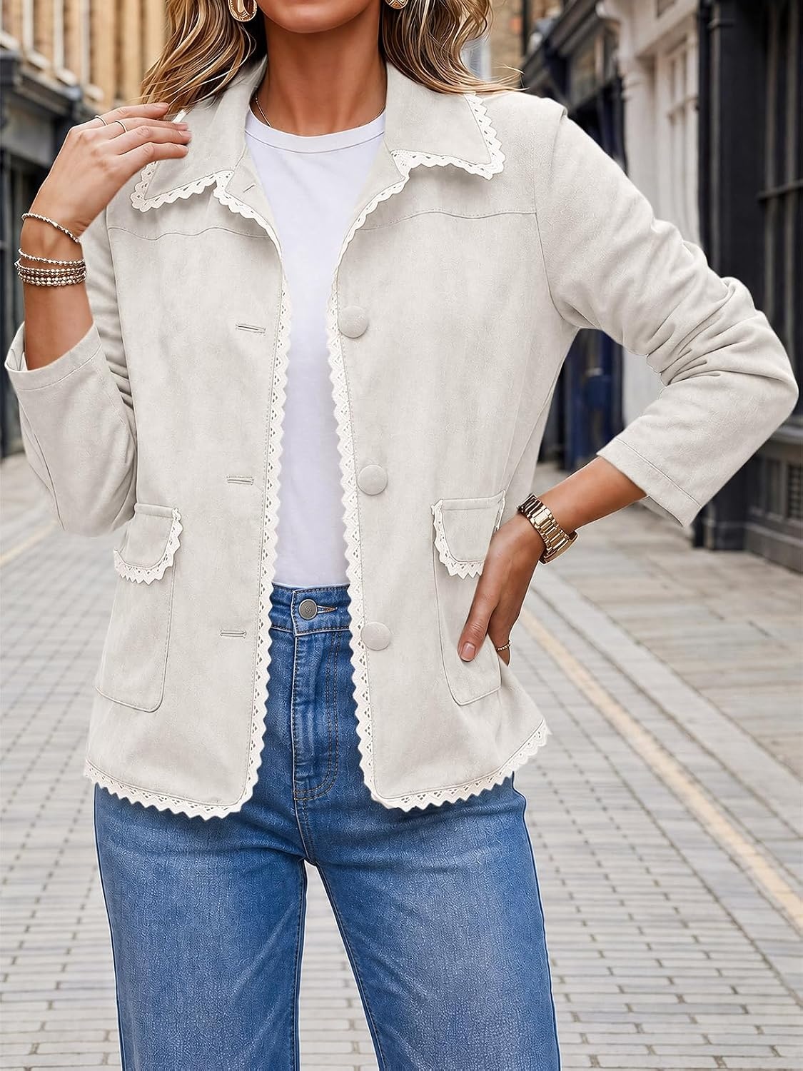 image:imageTankaneo Womens Faux Suede Leather Jackets Trendy Casual Button Down Coats Vintage Fall Spring Lace trim Loose fit PocketsOffwhite