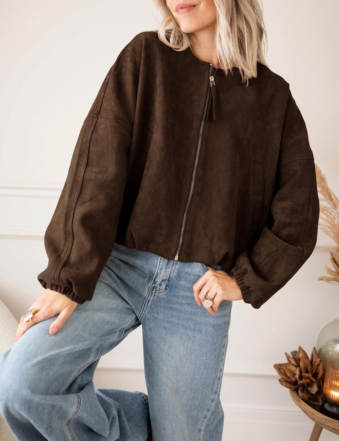 image:imageTanming Womens Faux Suede Bomber Jacket Oversized Coats Long Sleeve Zip up Casual Jackets with Pockets Cropped Motorcycle Biker Coat Trendy Spring Fall Streetwear OuterwearCoffee