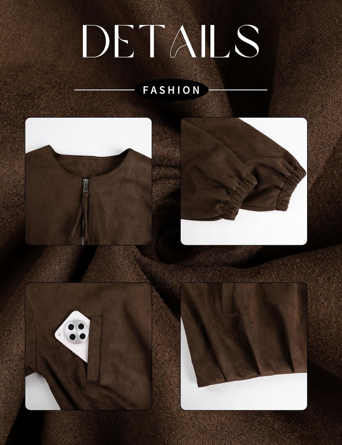 image:imageTanming Womens Faux Suede Bomber Jacket Oversized Coats Long Sleeve Zip up Casual Jackets with Pockets Cropped Motorcycle Biker Coat Trendy Spring Fall Streetwear OuterwearCoffee