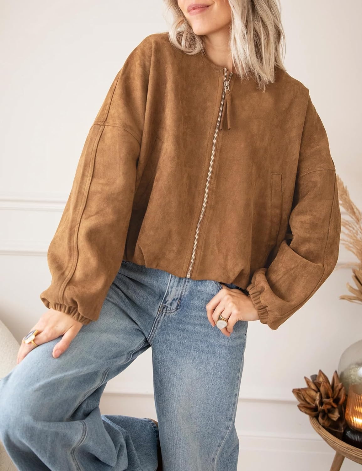 image:imageTanming Womens Faux Suede Bomber Jacket Oversized Coats Long Sleeve Zip up Casual Jackets with Pockets Cropped Motorcycle Biker Coat Trendy Spring Fall Streetwear OuterwearBrown