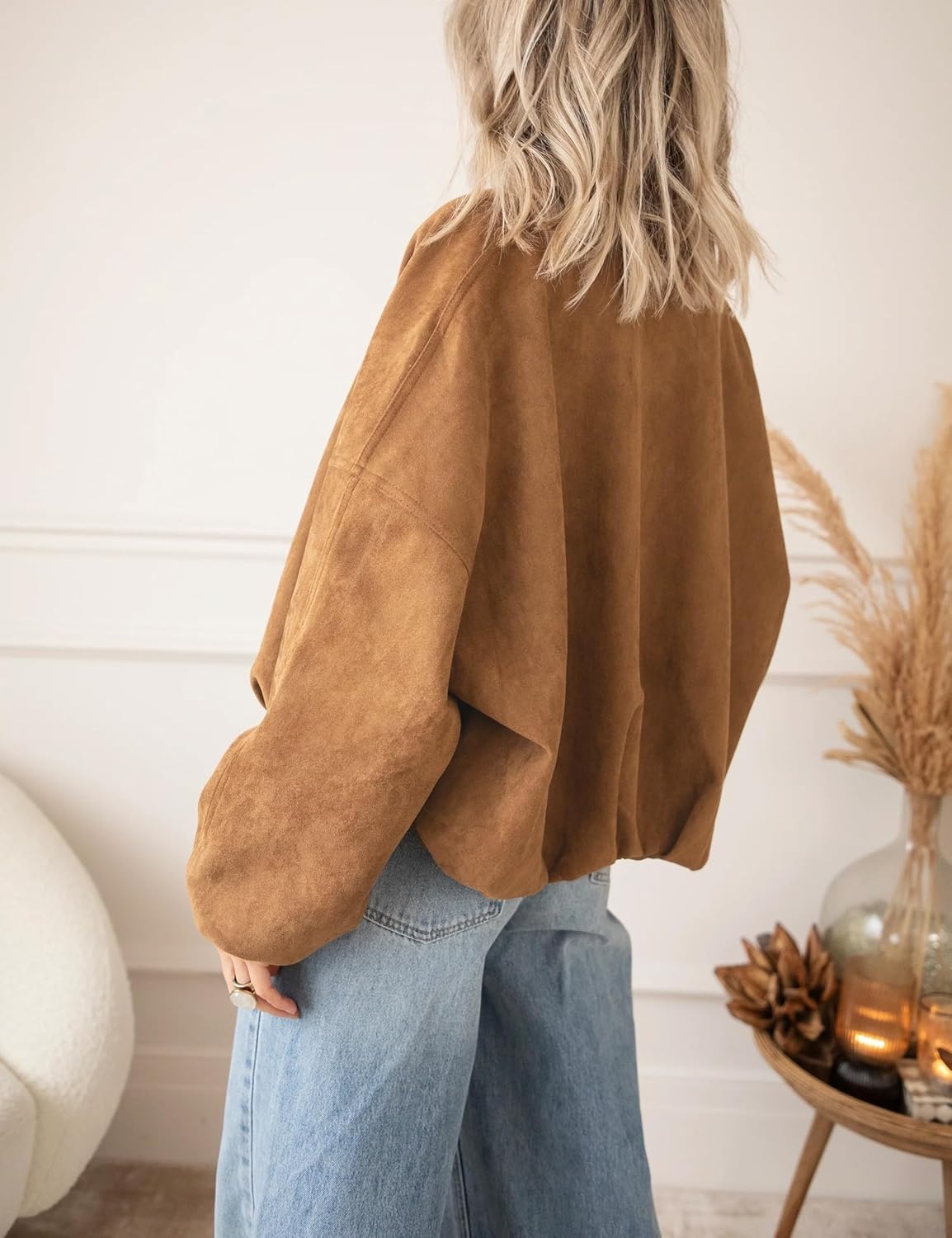 image:imageTanming Womens Faux Suede Bomber Jacket Oversized Coats Long Sleeve Zip up Casual Jackets with Pockets Cropped Motorcycle Biker Coat Trendy Spring Fall Streetwear OuterwearBrown