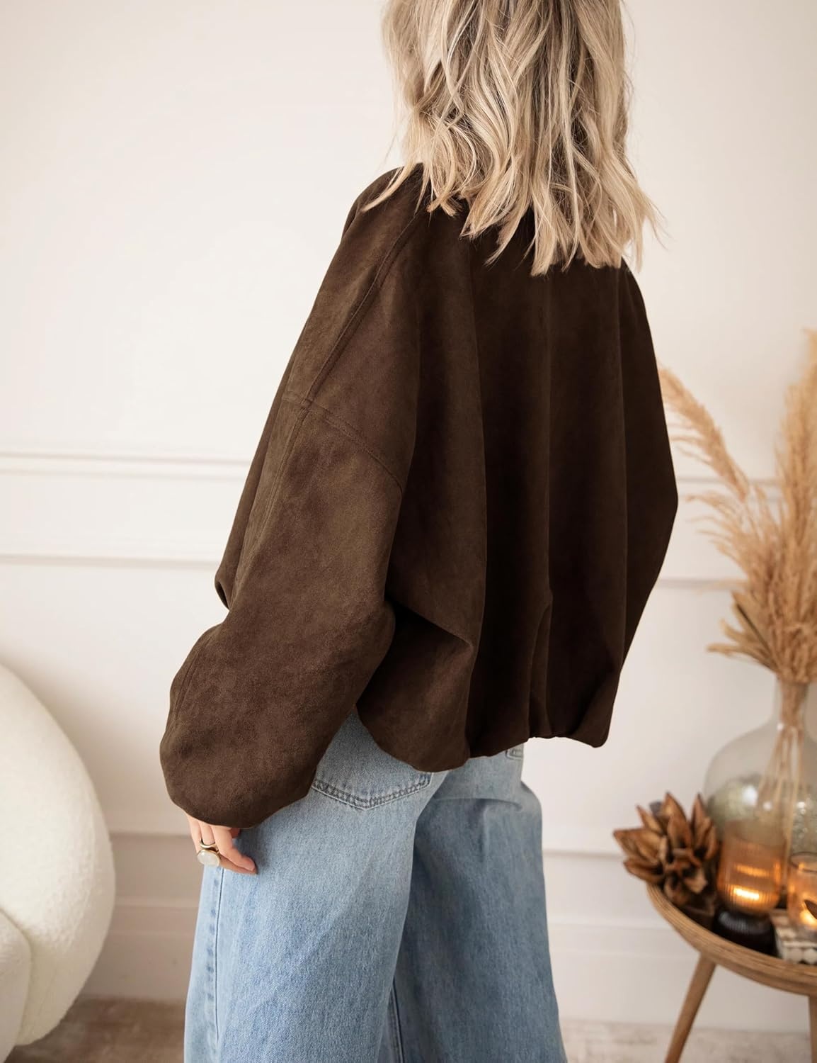 image:imageTanming Womens Faux Suede Bomber Jacket Oversized Coats Long Sleeve Zip up Casual Jackets with Pockets Cropped Motorcycle Biker Coat Trendy Spring Fall Streetwear OuterwearCoffee
