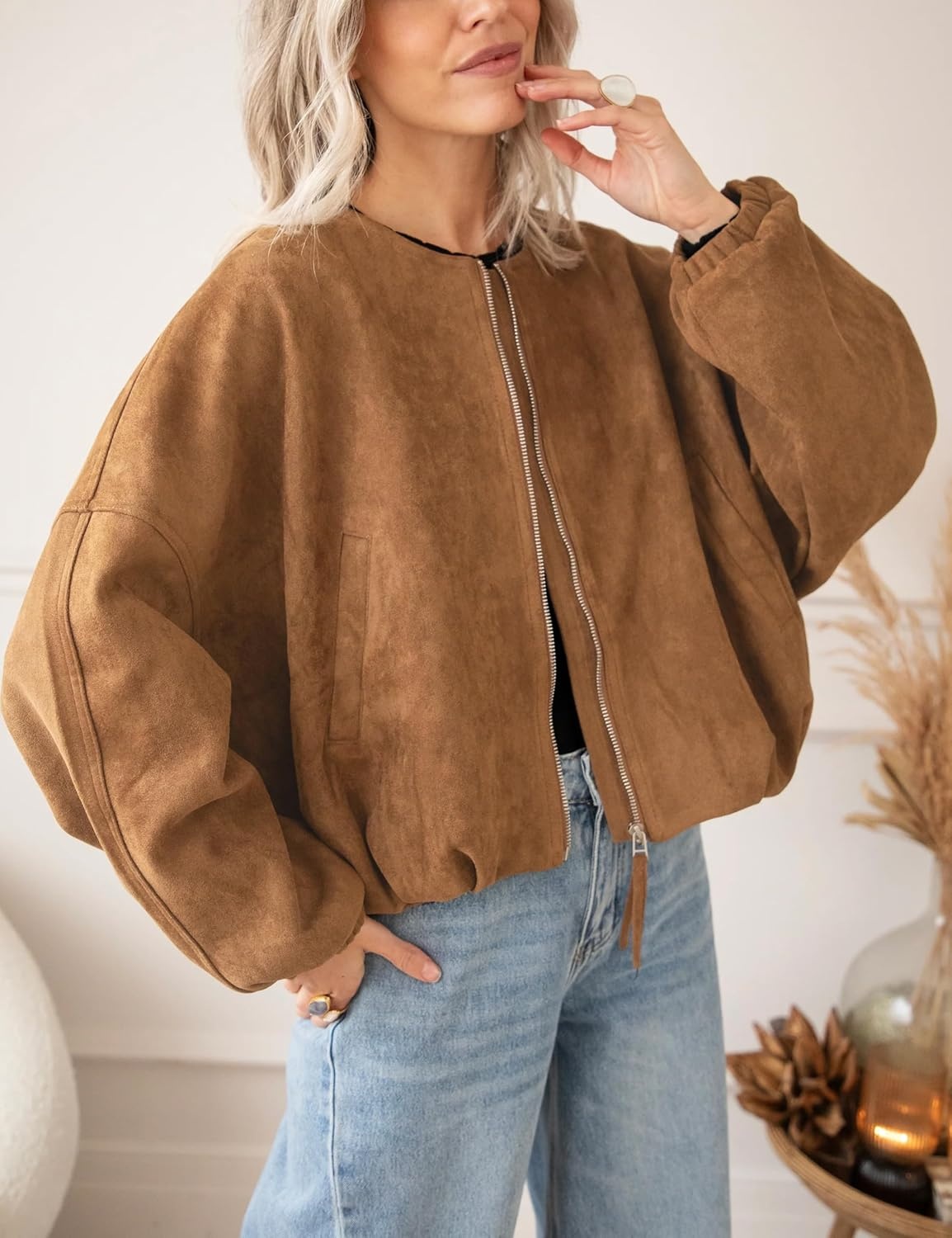 image:imageTanming Womens Faux Suede Bomber Jacket Oversized Coats Long Sleeve Zip up Casual Jackets with Pockets Cropped Motorcycle Biker Coat Trendy Spring Fall Streetwear OuterwearBrown