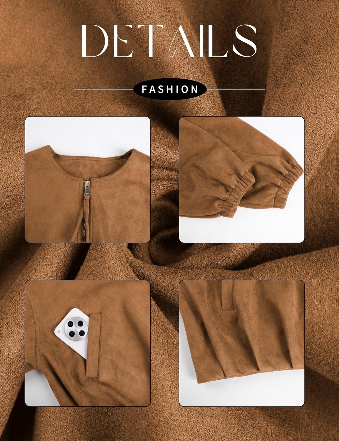 image:imageTanming Womens Faux Suede Bomber Jacket Oversized Coats Long Sleeve Zip up Casual Jackets with Pockets Cropped Motorcycle Biker Coat Trendy Spring Fall Streetwear OuterwearBrown