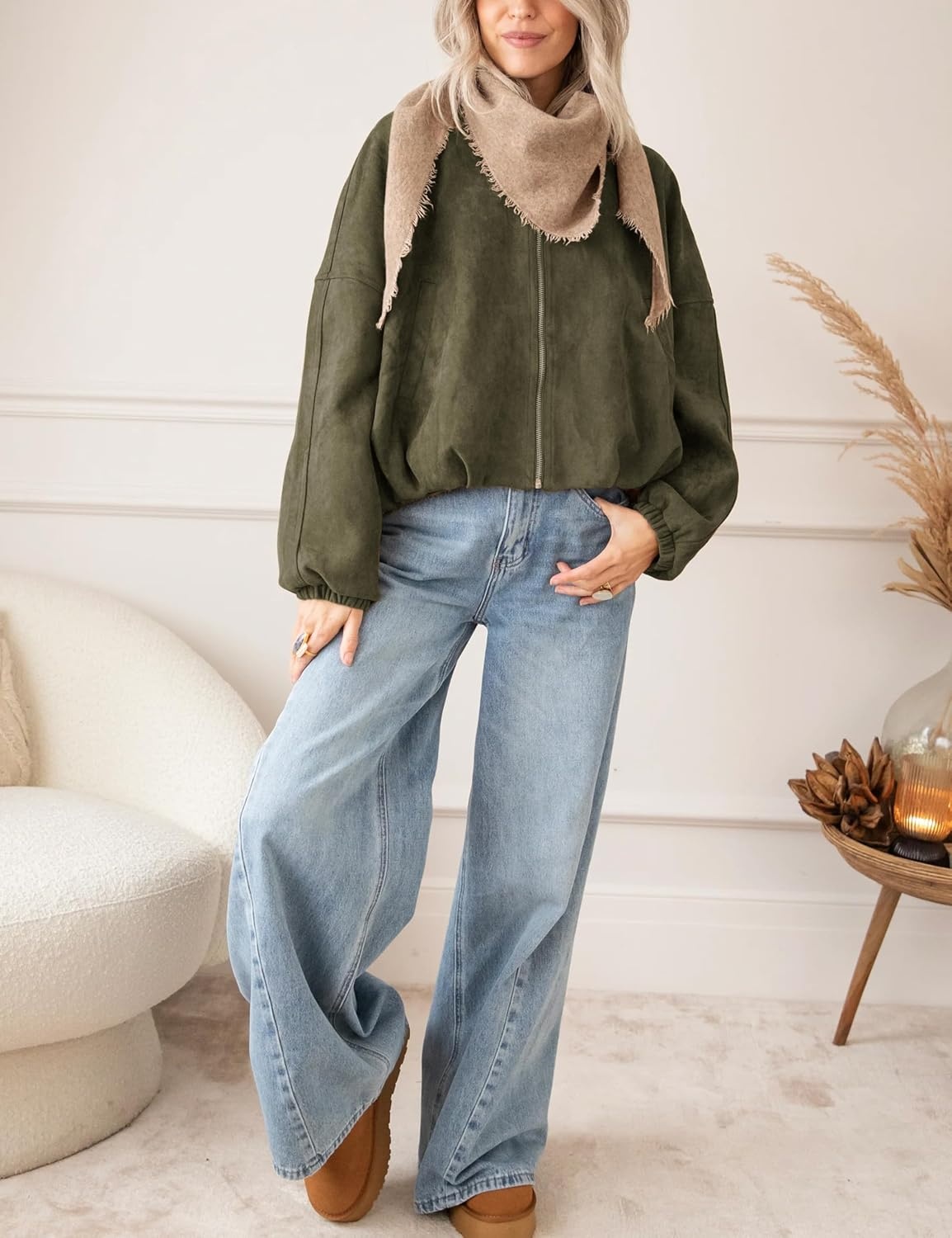 image:imageTanming Womens Faux Suede Bomber Jacket Oversized Coats Long Sleeve Zip up Casual Jackets with Pockets Cropped Motorcycle Biker Coat Trendy Spring Fall Streetwear OuterwearArmy Green