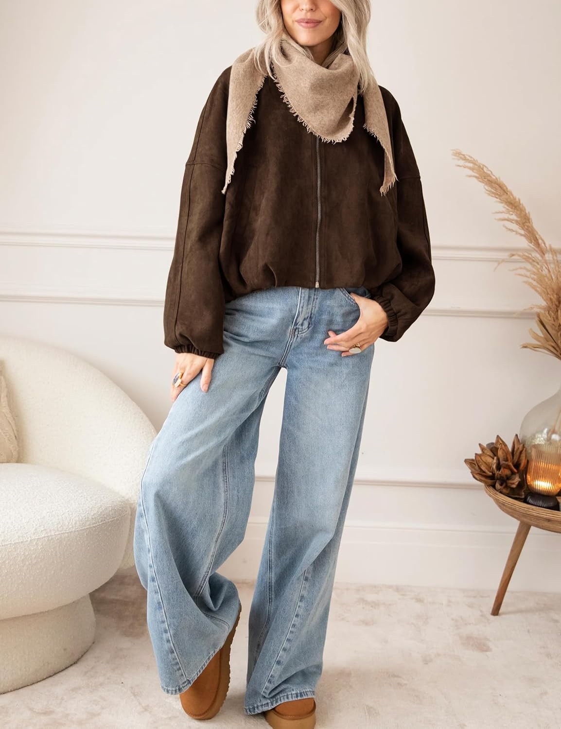 image:imageTanming Womens Faux Suede Bomber Jacket Oversized Coats Long Sleeve Zip up Casual Jackets with Pockets Cropped Motorcycle Biker Coat Trendy Spring Fall Streetwear OuterwearCoffee