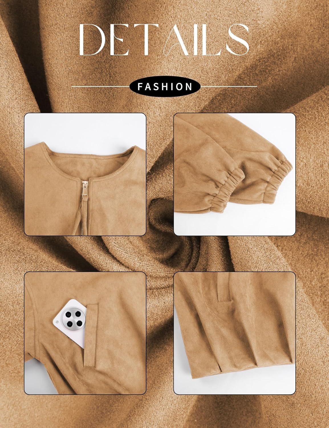 image:imageTanming Womens Faux Suede Bomber Jacket Oversized Coats Long Sleeve Zip up Casual Jackets with Pockets Cropped Motorcycle Biker Coat Trendy Spring Fall Streetwear OuterwearKhaki