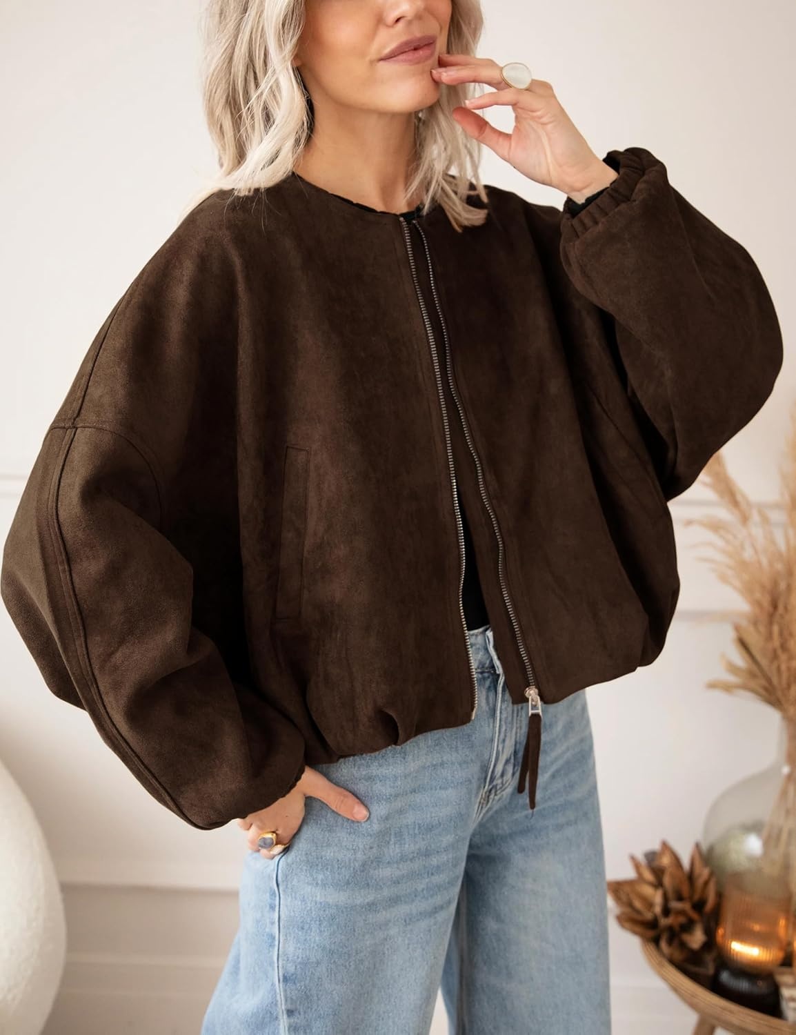 image:imageTanming Womens Faux Suede Bomber Jacket Oversized Coats Long Sleeve Zip up Casual Jackets with Pockets Cropped Motorcycle Biker Coat Trendy Spring Fall Streetwear OuterwearCoffee